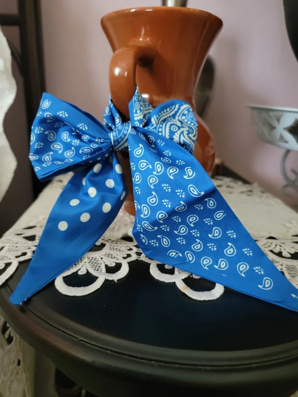 Blue Paisley & Polka Dot Hair Scarf Bow Twilly